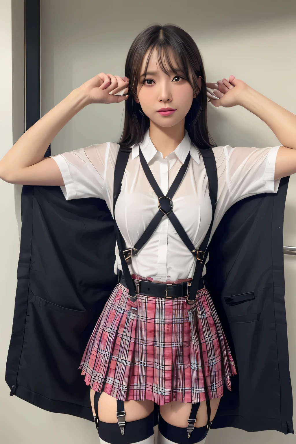 1 female, , high quality, masterpiece, Ultra-high resolution, Cinema Lighting, 1 female, , high quality, masterpiece, Ultra-high resolution, , Cinema Lighting, suspenders Moderate breasts Small face Looking up Sweat Thin belt buzzer 脇Sweat garter belt Belt on pants holster Hands behind your back Looking up Anxious face Knee-high Knee socks Knee-highソックス garter ふとももにgarter belt Checkered mini skirt Panty shot Skirt gap Armament holster holster Hands behind your back Anxious expression Anxious face, legs apart Armament Leg Holster holster See-through clothing heavy rain Rain-soaked dress shirt,Moderate breasts ガーターbelt suspenders Garter on the thigh Checkered mini skirt Looking up Pause belt Armpit sweat Hands behind back Raise your hands