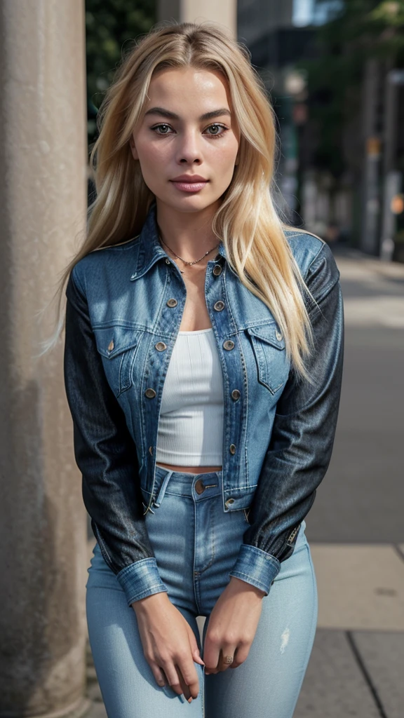 A beautiful woman with black eyes and a textured mouth, blonde hair and a delicate nose,Similar to (Margot Robbie) with her features ultra-realistic graphic, photo shoot global illumination, 4K image, ultra-detailed,Black blouse, jeans, denim jacket, black sneakers 