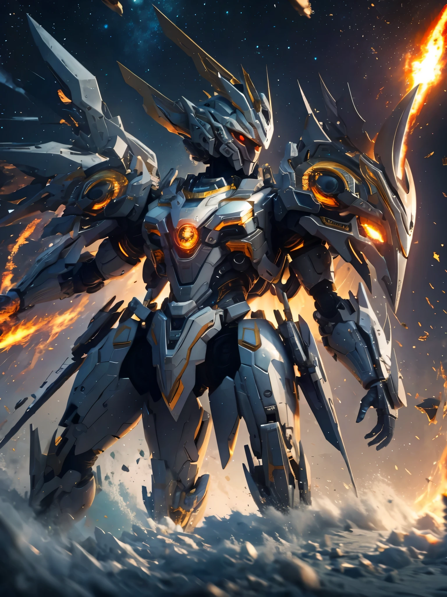 ((Highest quality)),(Ultra-high resolution),(Super detailed),(Detailed Description),((The best CG)),(masterpiece),Highly detailed art,(Art with precise detail:1.5), ((Science fiction movies:1.5)), (A meticulously crafted sci-fi setting:1.6), Lead-colored, gold, The heart will regain its brilliance, steel, Storm  Light the fire, It's hard to attack, impregnable, ((The final blow:1.3)), Shattering Stars々, Flying rays, Illumination,