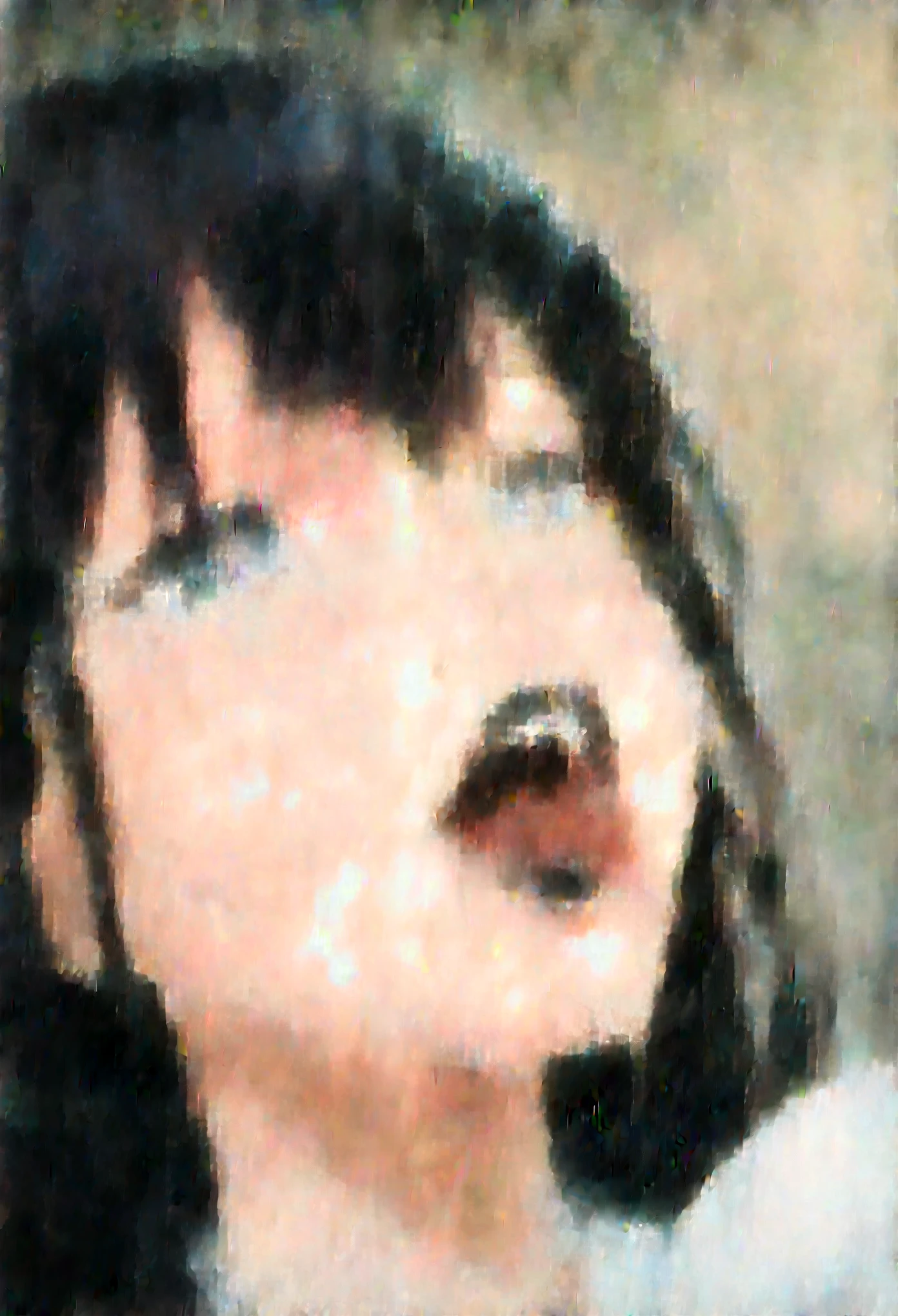 anime screencap, yuri, close-up, long hair, black hair, blue eyes, pussy juice, pussy juice in mouth, pussy juice on face, black lipstick, smile, heart-shaped pupils