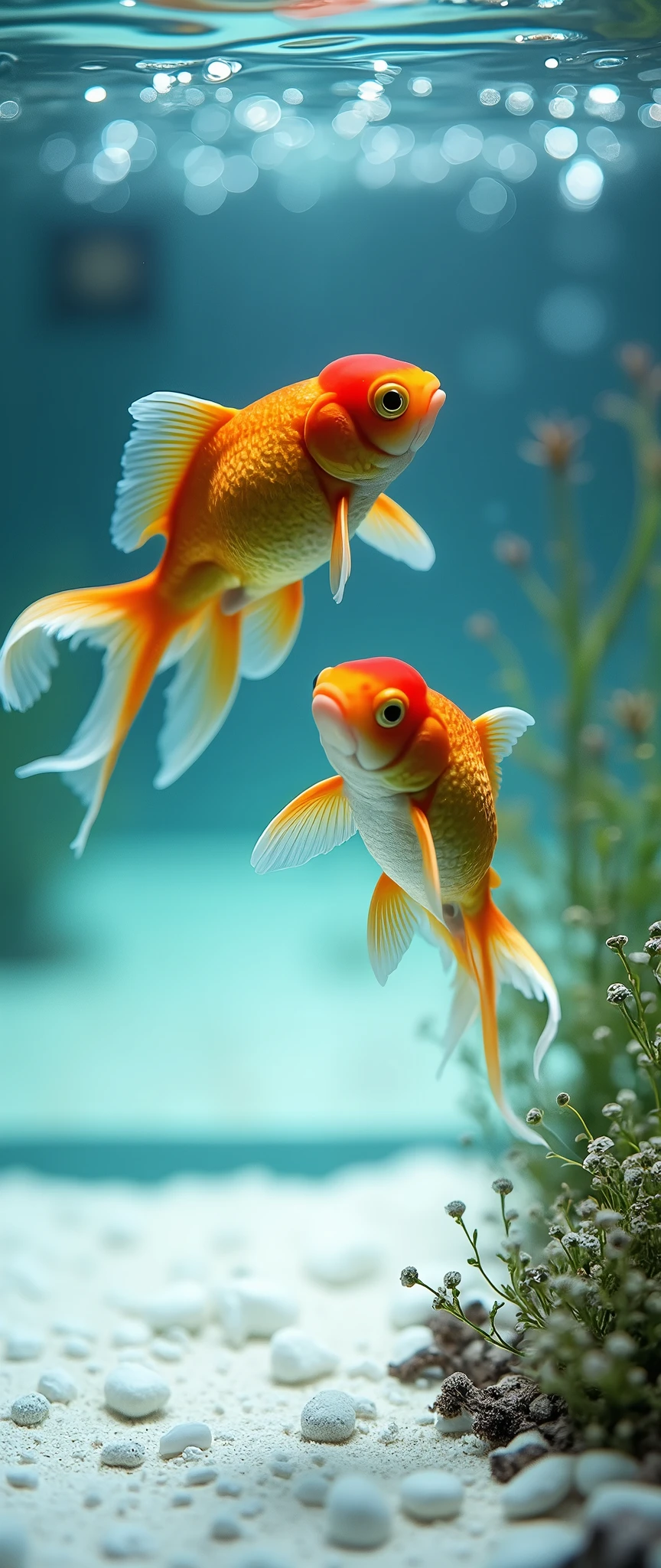(masterpiece:1.2,Highest quality,Ultra-high resolution,Very detailed,Realistic,Ultra-high resolutionのカメラ),8k,wallpaper,(A white-bottomed aquarium photographed from above),(Detailed depiction of the aquarium, excluding water surface reflections:2.0),(Two goldfish swimming),Cool looking photo,