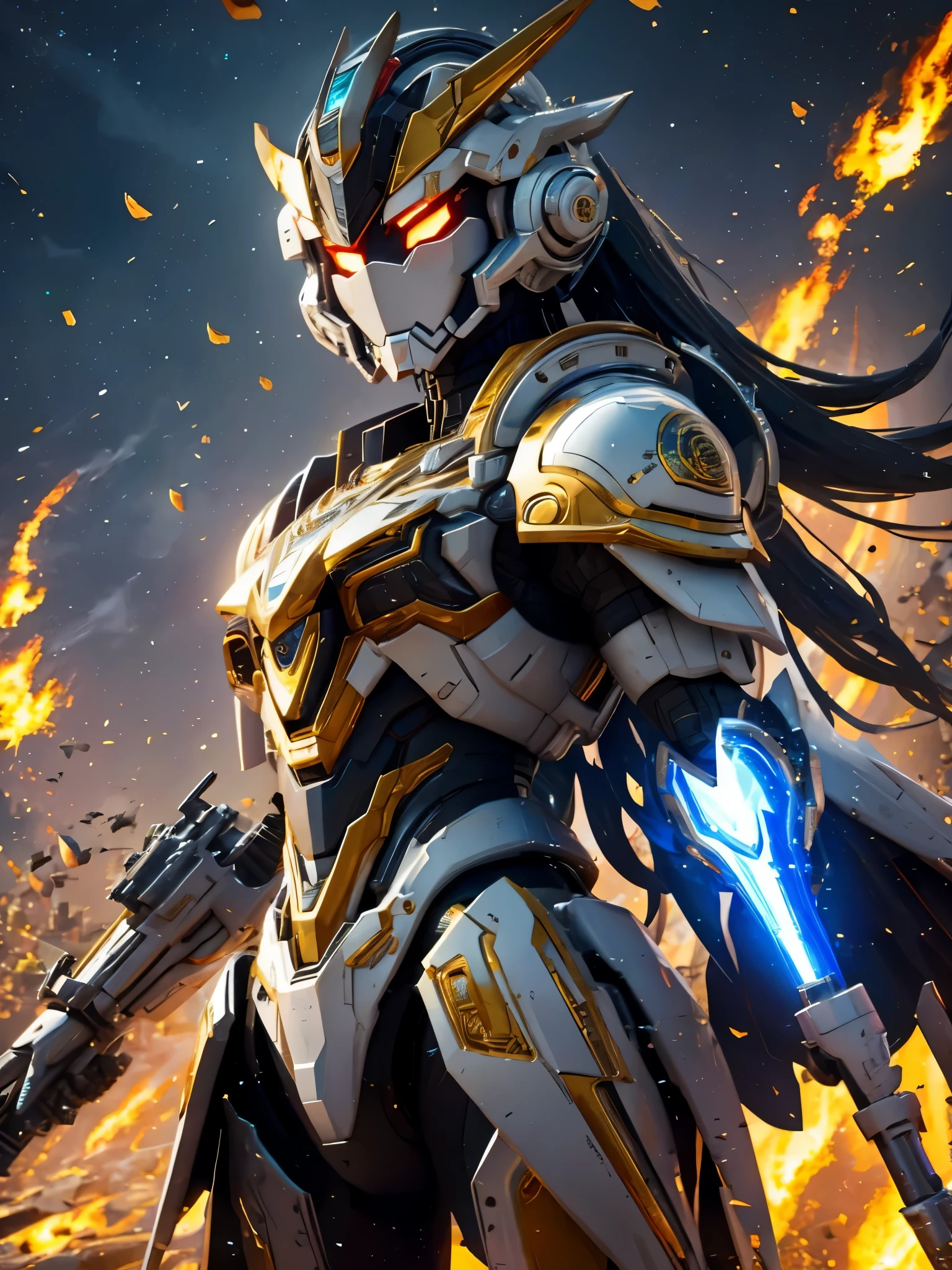 ((Highest quality)),(Ultra-high resolution),(Super detailed),(Detailed Description),((The best CG)),(masterpiece),Highly detailed art,(Art with precise detail:1.5), ((Science fiction movies:1.5)), (A meticulously crafted sci-fi setting:1.6), Lead-colored, gold, The heart will regain its brilliance, steel, Storm Light the fire, It's hard to attack, impregnable, ((The final blow:1.3)), Shattering Stars々, Flying rays, Illumination,