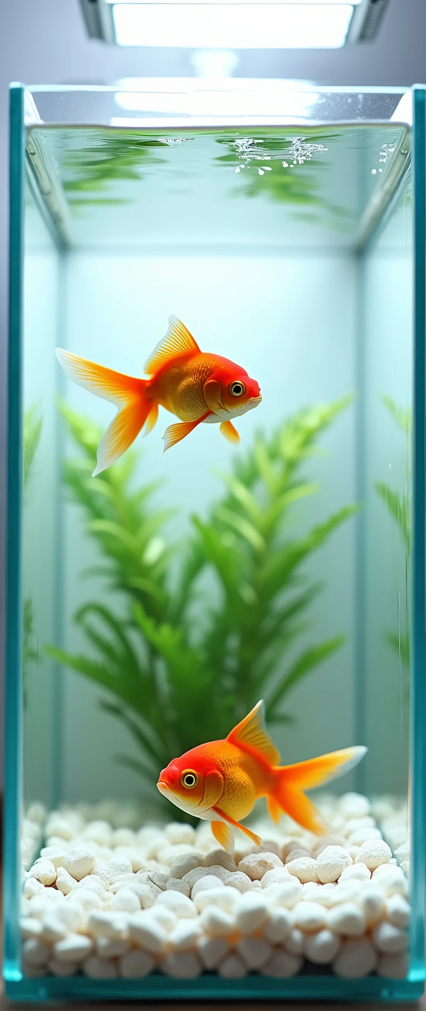 (masterpiece:1.2,Highest quality,Ultra-high resolution,Very detailed,Realistic,Ultra-high resolutionのカメラ),8k,wallpaper,(A white-bottomed aquarium photographed from above),(Detailed depiction of the aquarium, excluding water surface reflections:2.0),(Two goldfish swimming),Cool looking photo,