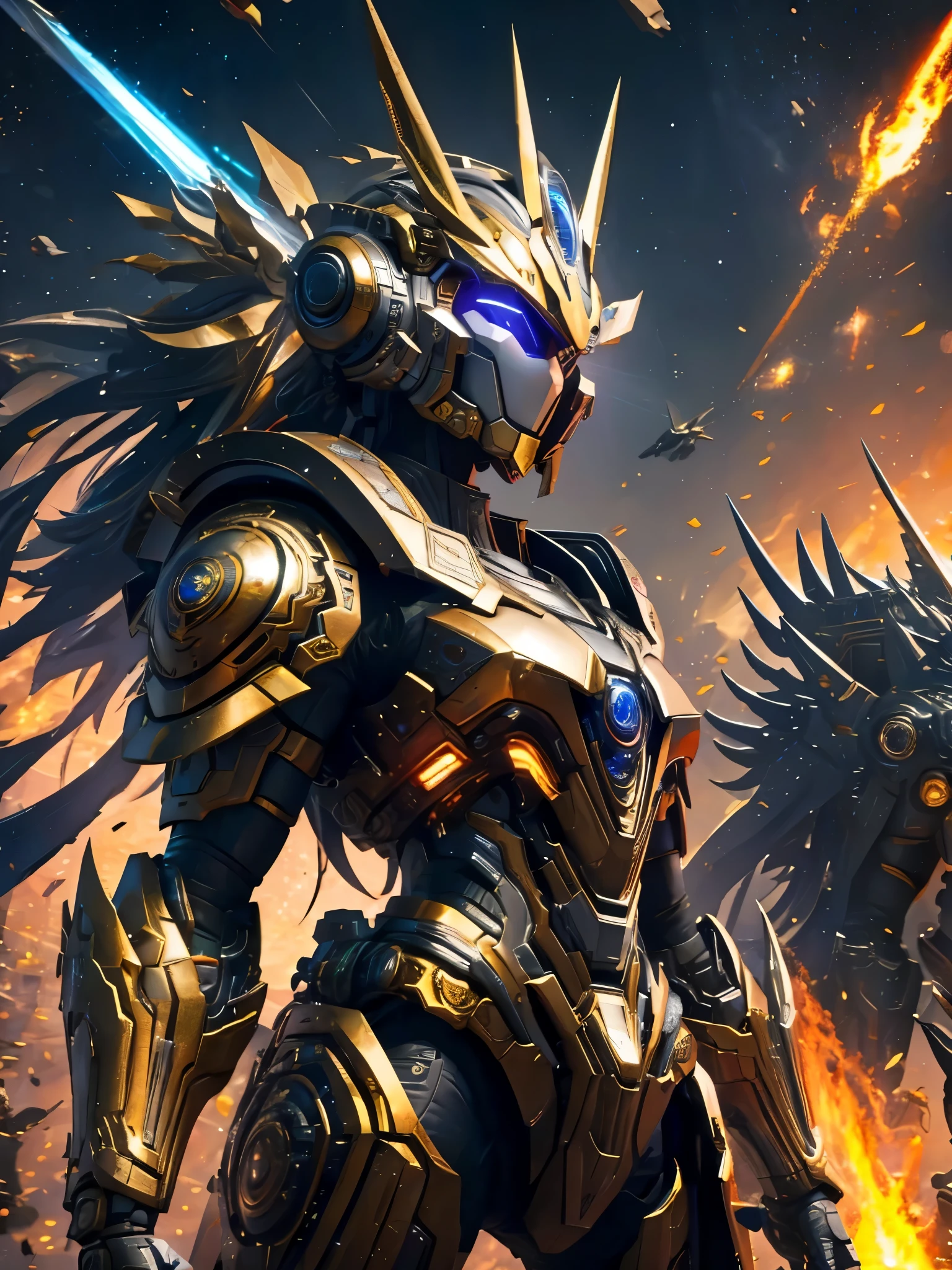 ((Highest quality)),(Ultra-high resolution),(Super detailed),(Detailed Description),((The best CG)),(masterpiece),Highly detailed art,(Art with precise detail:1.5), ((Science fiction movies:1.5)), (A meticulously crafted sci-fi setting:1.6), Lead-colored, gold, The heart will regain its brilliance, steel, Storm Light the fire, It's hard to attack, impregnable, ((The final blow:1.3)), Shattering Stars々, Flying rays, Illumination,