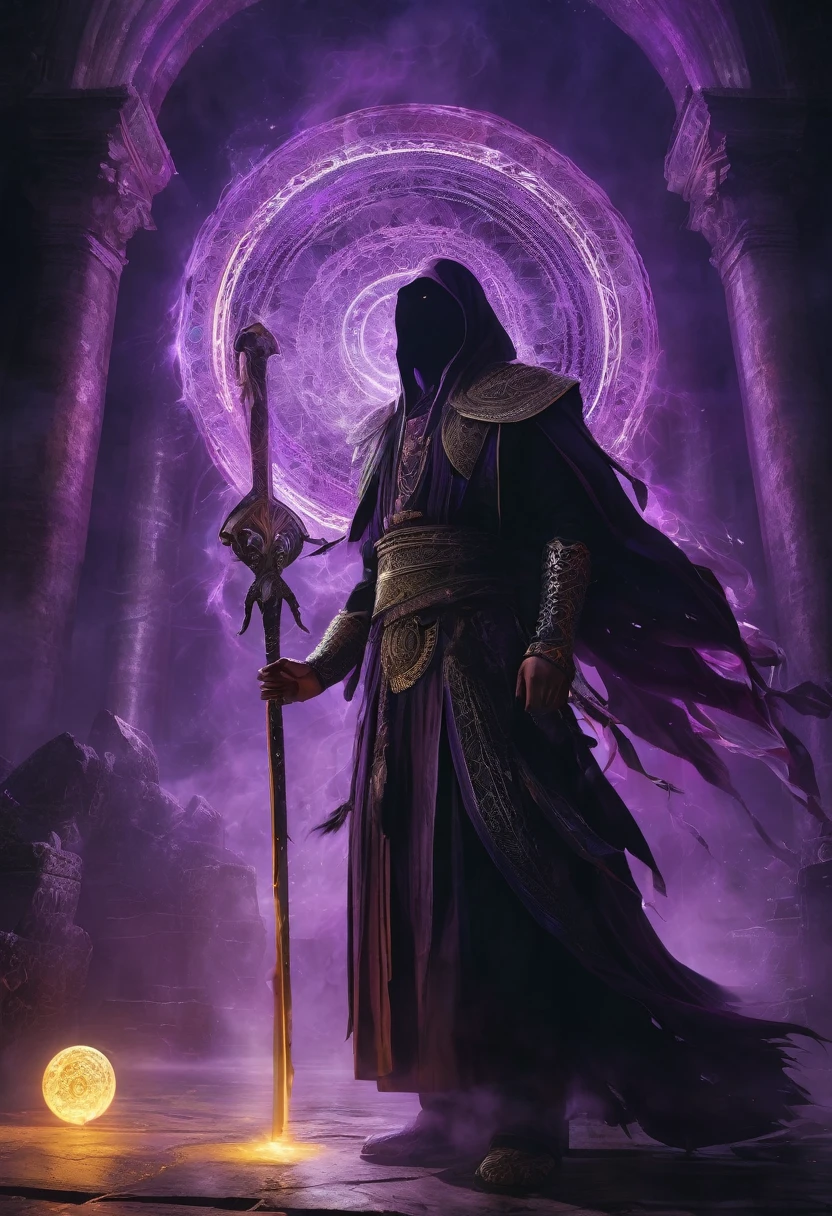 Screenshot from the Elden Ring video game. Boss fight scene with Kallaba, Soulkeeper. Kallaba towers with imposing grandeur, emanating an aura of profound divine power. Bathed in a streak of glowing dark purple light, Kallaba's form is highlighted by eyes that burn with an intense, otherworldly radiance. Clad in exquisitely adorned Albanian robes, each detail of his attire shimmers with intricate symbols of death and the afterlife, reflecting the crackling energy that pulses through every thread and jewel. In his right hand, Kallaba wields a radiant scythe, its blade aglow with raw, otherworldly energy that seems to draw upon the very essence of the underworld. In his left, he clutches an orb of pure souls, pulsating with a menacing, ethereal glow that hints at the dangerous potential within. The arena is a grand, eerie mausoleum, its vast chamber adorned with ancient Albanian motifs and shadowy pillars, creating a somber, reverent atmosphere. The floor is etched with glowing purple runes that pulse with a ghostly light, adding to the sense of foreboding. Above, spectral fog swirls in a swirling vortex, casting an eerie, ethereal glow over the entire scene. This image captures the divine and terrifying majesty of Kallaba with hyper-realistic detail, rendering a truly awe-inspiring and chilling moment in the game. Created with the Unreal Engine 5, 8K --ar 9:16 --s 150 --c 10.