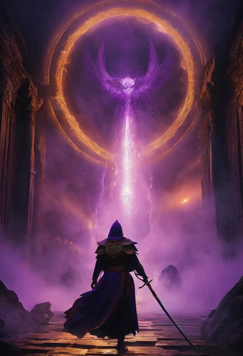 Screenshot from the Elden Ring video game. Boss fight scene with Kallaba, Soulkeeper. Kallaba towers with imposing grandeur, emanating an aura of profound divine power. Bathed in a streak of glowing dark purple light, Kallaba's form is highlighted by eyes that burn with an intense, otherworldly radiance. Clad in exquisitely adorned Albanian robes, each detail of his attire shimmers with intricate symbols of death and the afterlife, reflecting the crackling energy that pulses through every thread and jewel. In his right hand, Kallaba wields a radiant scythe, its blade aglow with raw, otherworldly energy that seems to draw upon the very essence of the underworld. In his left, he clutches an orb of pure souls, pulsating with a menacing, ethereal glow that hints at the dangerous potential within. The arena is a grand, eerie mausoleum, its vast chamber adorned with ancient Albanian motifs and shadowy pillars, creating a somber, reverent atmosphere. The floor is etched with glowing purple runes that pulse with a ghostly light, adding to the sense of foreboding. Above, spectral fog swirls in a swirling vortex, casting an eerie, ethereal glow over the entire scene. This image captures the divine and terrifying majesty of Kallaba with hyper-realistic detail, rendering a truly awe-inspiring and chilling moment in the game. Created with the Unreal Engine 5, 8K --ar 9:16 --s 150 --c 10.