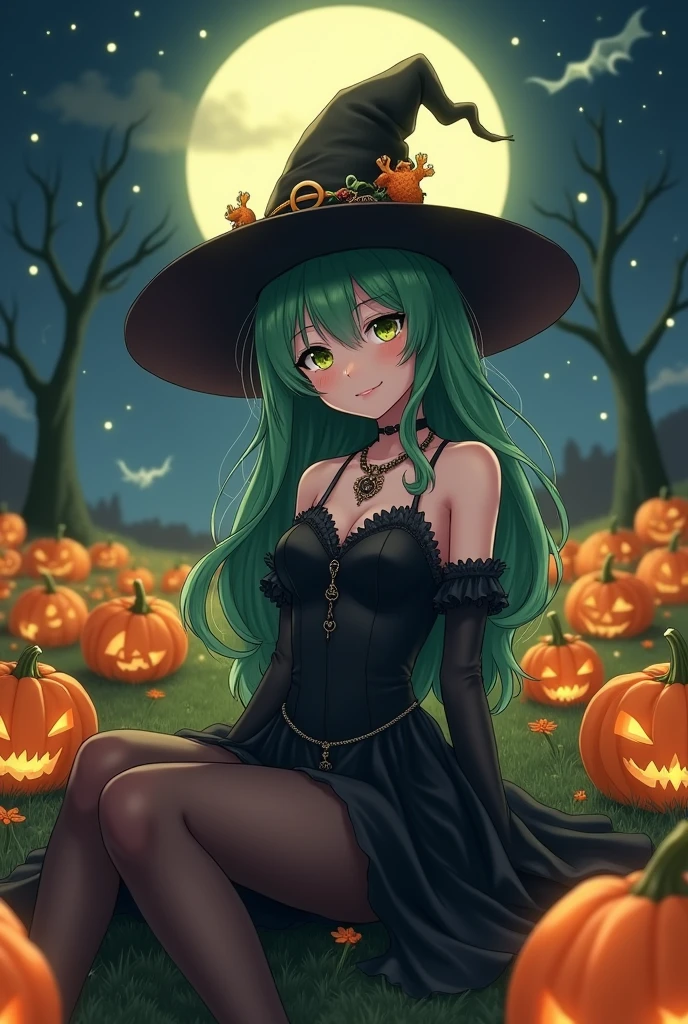 Halloween, witch, field of pumpkins, full moon, anime, black dress, dark green hair, stockings, medium boobs, sitting, adult woman, smiling, realistic, witch hat, necklace