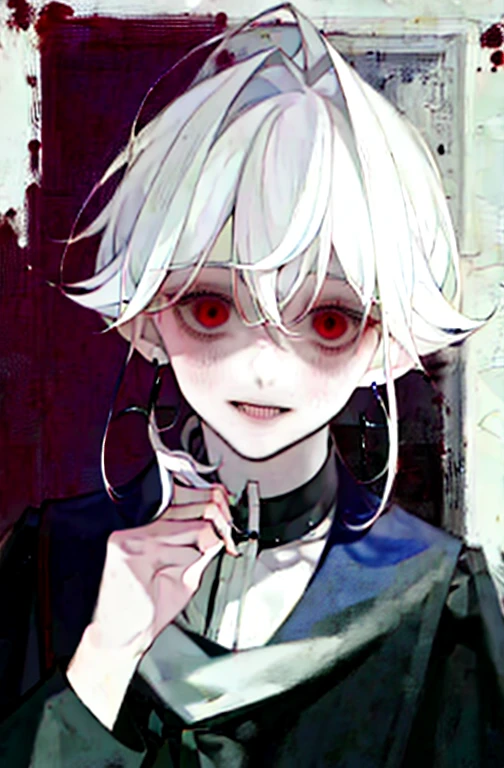 masterpiece, male focus, 1boy, solo, white hair, tassel earrings, tassel, jewelry, earrings, wearing collar, wearing blue school uniform, forest background, red eyes, short messy hair, blood, knives, upper body, hair between eyes, fluffy hair, psychotic obsessive expression, uncanny smile, yandere expressions, bloody face