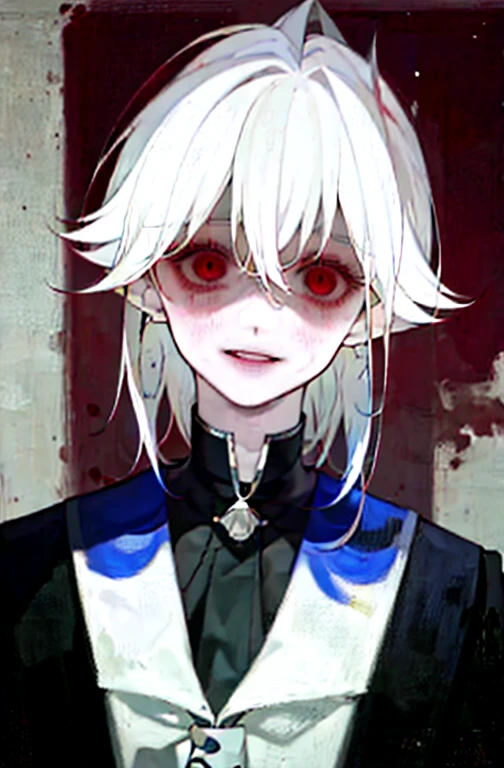 masterpiece, male focus, 1boy, solo, white hair, tassel earrings, tassel, jewelry, earrings, wearing collar, wearing blue school uniform, forest background, red eyes, short messy hair, blood, knives, upper body, hair between eyes, fluffy hair, psychotic obsessive expression, uncanny smile, yandere expressions, bloody face