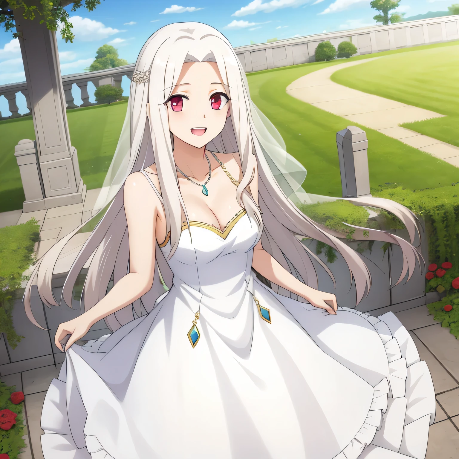 Irisviel,white with gpld dress sleeveless of wedding,solo,beautiful laughs,arm at side,middle size of breast,beautiful necklace,matching remix,revealing dress,in beautiful garden,happy smile