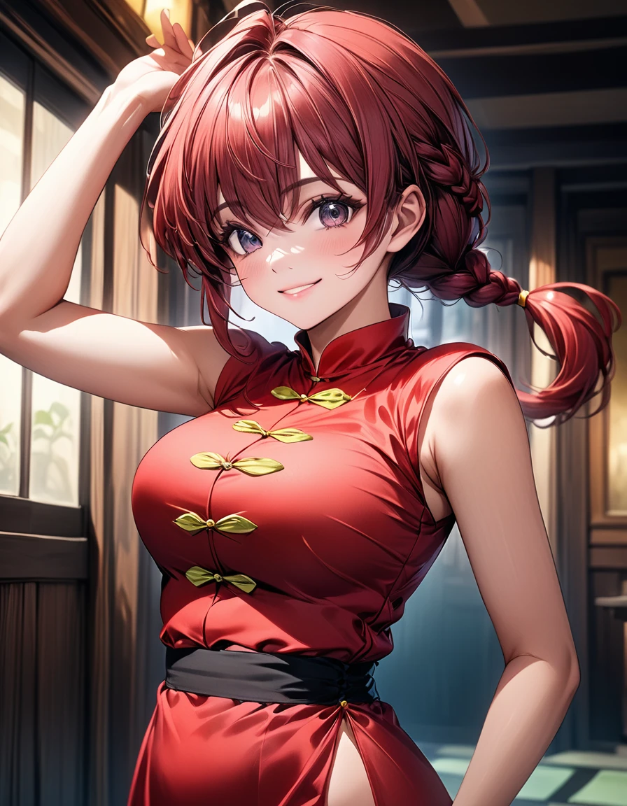 (High resolution:1.4)、(High resolution:1.4)、beautiful girl alone、Symmetrical face、「Ranma Half」character、Super Beauty「Ranma Saotome」、Spirited eyes、Red Hair、Long hair in a single braid hanging down the back、Japanese beauty、Challenging smile、To the camera、Cheongsam with short hem、Muscular thighs、To the cameraキック、beautiful, Glowing Skin、Softly lit、Cinematic colors、Incredibly realistic textures、Photorealistic and colorful、stylish、beautiful and dense large breasts、Attractive waist、Underarm、High resolutionの顔と目、Good fingers、