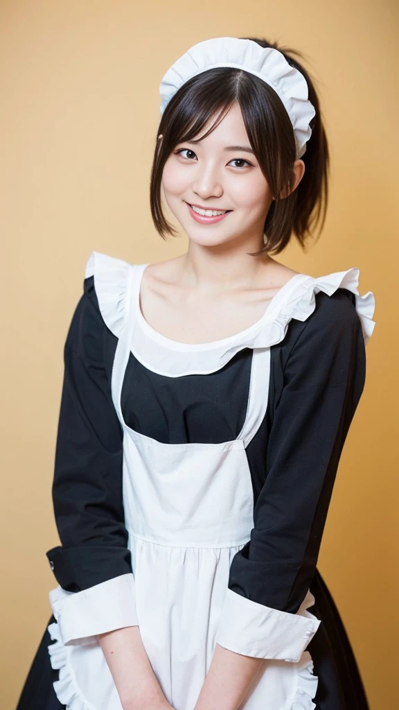 (Highest quality:1.5), (Real:1.4), (Ultra high definition:1.4), (No correction:1.4), (18 years old short Japanese girl with big breasts standing front plain background), (Short stature girl), (Asymmetrical bangs), (short hair), (Japanese school girl with black maid outfit and white frilly apron), (Black maid outfit), (White frilly apron), (18 years old short girl with black maid outfit and white frilly apron is standing front plain background), (girl viewed from the front), (Plain background), (Cowboy Shot), (smile), (upright)