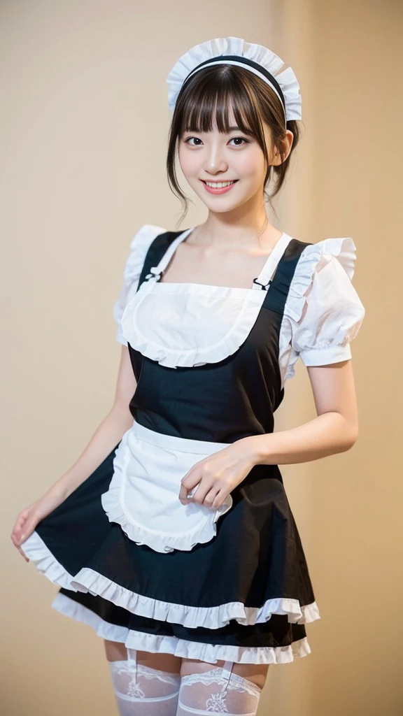 (Highest quality:1.5), (Real:1.4), (Ultra high definition:1.4), (No correction:1.4), (18 years old short Japanese girl with big breasts standing front plain background), (Short stature girl), (Asymmetrical bangs), (short hair), (Japanese school girl with black maid outfit and white frilly apron), (Black maid outfit), (White frilly apron), (18 years old short girl with black maid outfit and white frilly apron is standing front plain background), (girl viewed from the front), (Plain background), (Cowboy Shot), (smile), (upright)