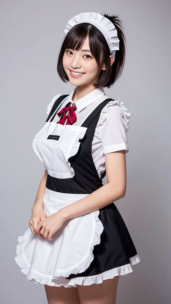 (Highest quality:1.5), (Real:1.4), (Ultra high definition:1.4), (No correction:1.4), (18 years old short Japanese girl with big breasts standing front plain background), (Short stature girl), (Asymmetrical bangs), (short hair), (Japanese school girl with black maid outfit and white frilly apron), (Black maid outfit), (White frilly apron), (18 years old short girl with black maid outfit and white frilly apron is standing front plain background), (girl viewed from the front), (Plain background), (Cowboy Shot), (smile), (upright)