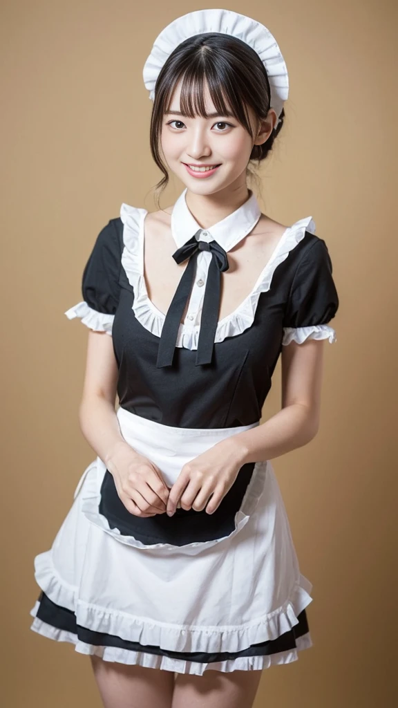 (Highest quality:1.5), (Real:1.4), (Ultra high definition:1.4), (No correction:1.4), (18 years old short Japanese girl with big breasts standing front plain background), (Short stature girl), (Asymmetrical bangs), (short hair), (Japanese school girl with black maid outfit and white frilly apron), (Black maid outfit), (White frilly apron), (18 years old short girl with black maid outfit and white frilly apron is standing front plain background), (girl viewed from the front), (Plain background), (Cowboy Shot), (smile), (upright)