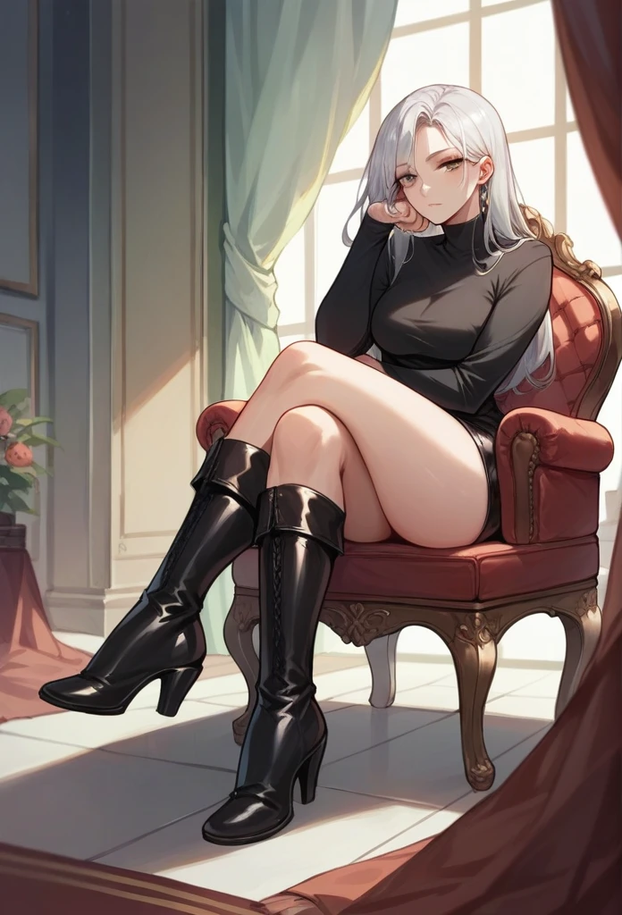 Beautiful woman,Silver Hair Short,Black leather shirt,Sit in a luxurious chair,Crossing your legs[:1.5],Knee-high boots,rest one&#39;s chin on one&#39;s hand,dark persona,Luxurious interior,Red lighting,cleavage cutout,,black leather mini skirt、