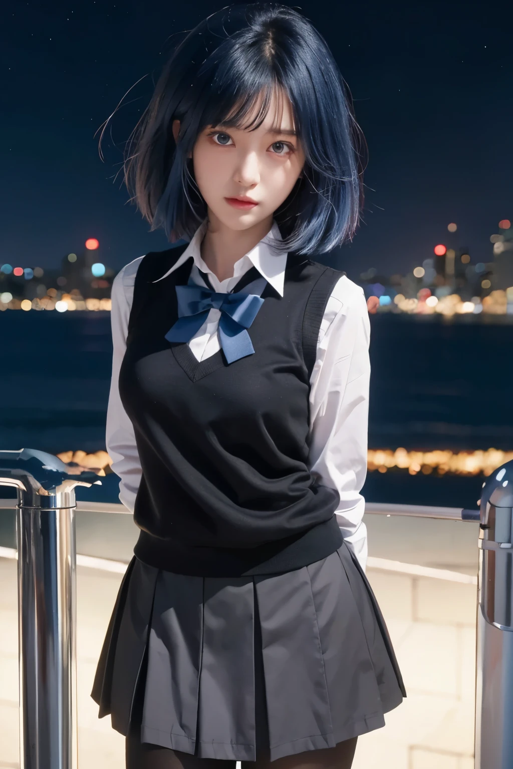 Akane, caracter of oshi no ko anime, red eyes, blue hair, black highschool uniform, detailed face, detailed hair, detailed eyes, detailed hand, ultra realistic, ultra detailed, best quality, masterpiece.
