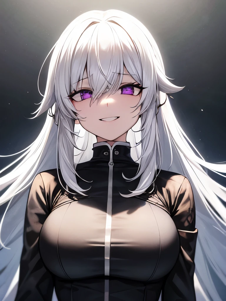 solo female,white hair long hair,black eye,big bust,dead eyes, Laughing chillingly,