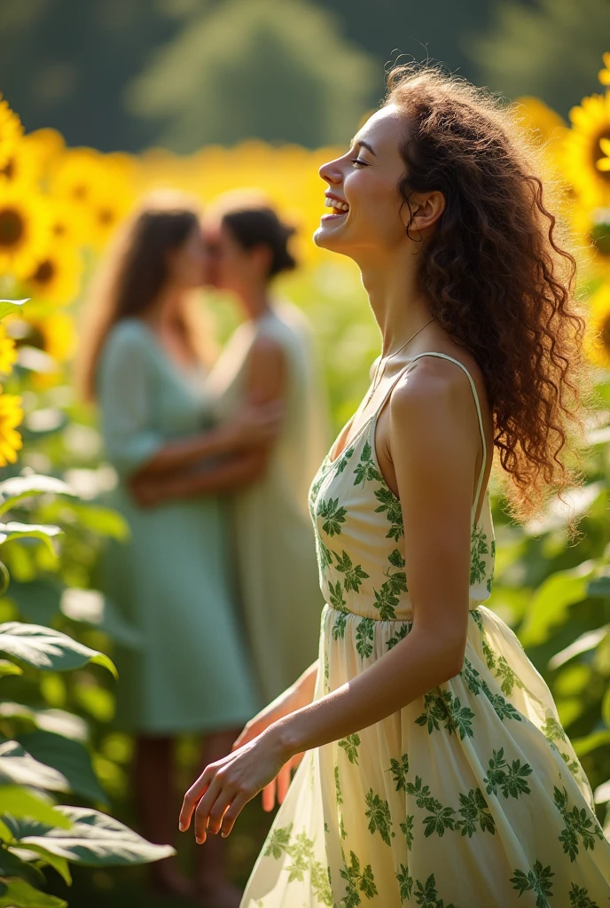 A white woman with brown curly hair listening to music in the middle of a sunflower garden.. She is wearing a white and green dress. This woman is happy. A dancing couple