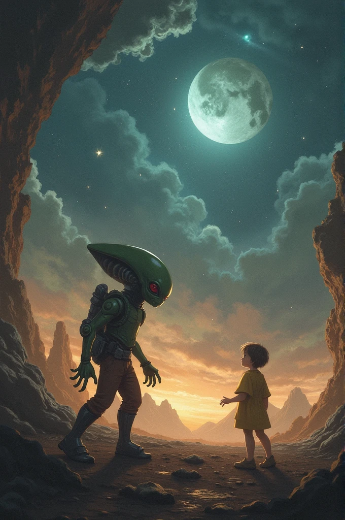 Alien Child and a human child playing in the middle of a war between worlds