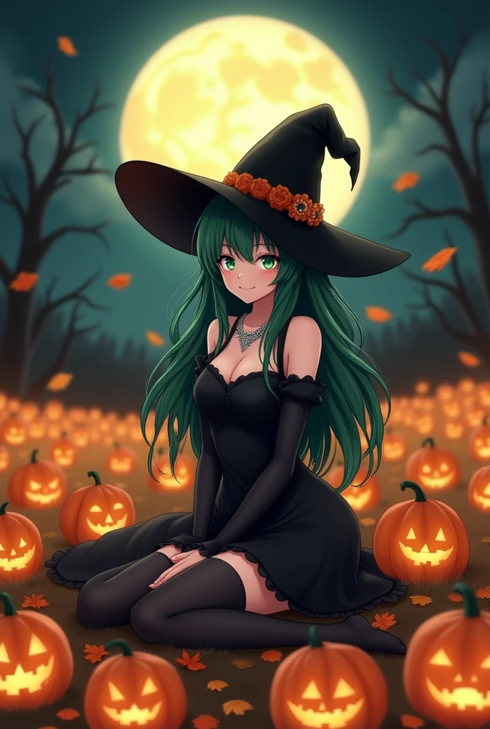 Halloween, witch, field of pumpkins, full moon, anime, black dress, dark green hair, stockings, medium boobs, sitting, adult woman, smiling, realistic, witch hat, necklace