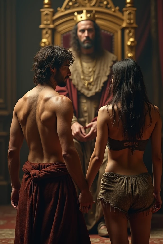 Photograph of a poor peasant couple in front of the throne of a beautiful king. O naughty man, Desolate and sad, offers his wife as tribute payment. They are holding hands, turned towards the king. a imagem é capturada de uma perspectiva atrás do trono, partially showing the king's face, his luxurious royal robe and a golden royal crown. The throne is luxurious, decorated with elaborate details and gold. a cena transmite um forte sentimento de desespero e sacrifício                                                   {The couple is formed by a [naughty man] sweaty, grimy,  dressed in old peasant-style clothes, {a [Woman] has messy hair. apesar da pobreza, a [Woman] She is very beautiful and attractive, his body has beautiful curves, sexy body, horse body.} {a [Woman] is taking off an overcoat-like jacket, showing off their sensual lingerie that partially shows breasts and groin.} {a [Woman] She has a sexually submissive expression.} devotion. sensual photo. adult content.                            Magnificent detail, 8K Photos, hyper- realism, realistic background, visual depth, wide angle lens, professional lighting. 