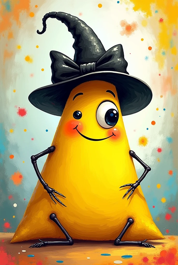 A yellow triangle with a black eye, legs and arms, a pointy black hat and a black bow