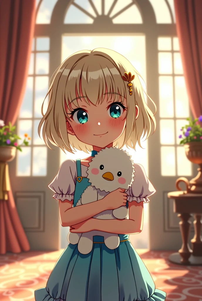 masterpiece, Highest quality, Highest quality, 4K quality, Anime magazine pin-up style, Kyoto Animation Style, Young Girl, Noble daughter, fluffy platinum blonde hair, Bobcut, Aquamarine Eyes, Sky blue ruffled dress, White ribbon, Small crown-like hair ornament, Holding a stuffed toy, A white and fluffy stuffed animal, smile, Innocent smile, Facing this side, Fantasy World, Inside the noble's mansion, Sun light
