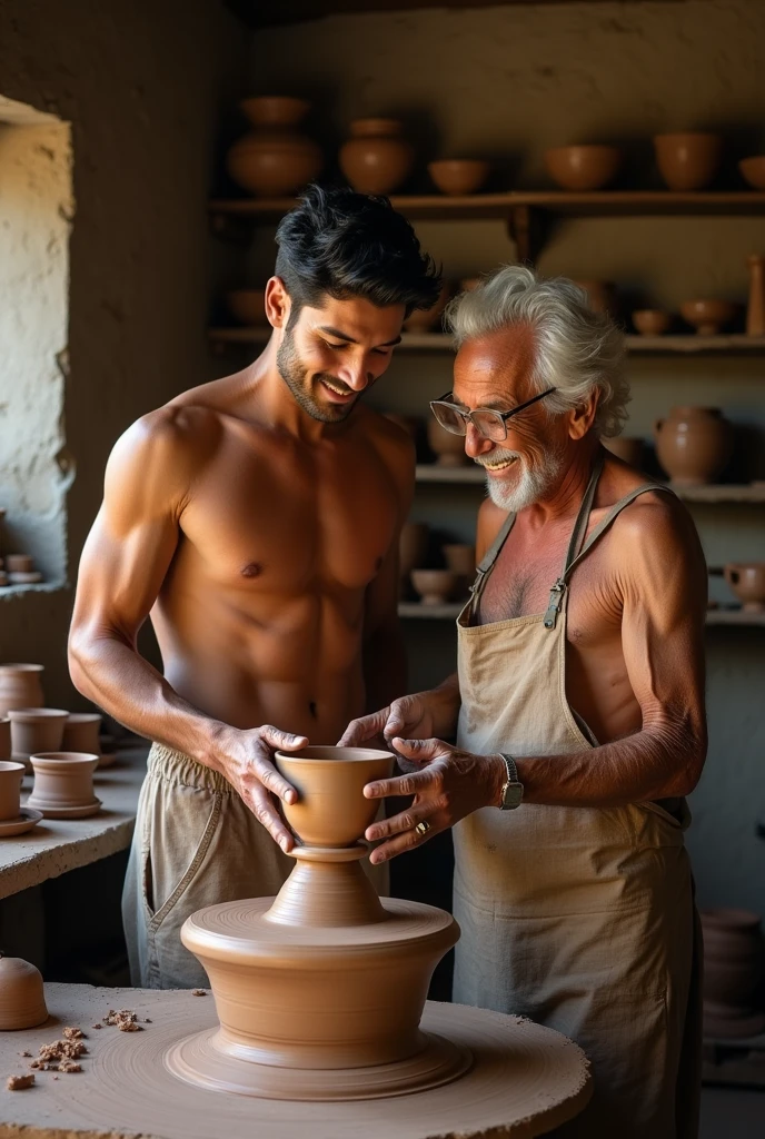 A handsome 27-year-old, beautiful, white, with short black hair, attractive, shirtless, making pottery with a grandfather in a pottery workshop.