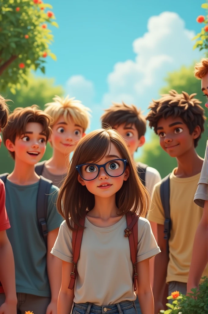 create an illustration of a girl with medium brown straight hair and round glasses, confused expression and surrounded by her 6 boys, one of them with long blonde hair, 3 white with brown hair, 2 tanned with brown hair.