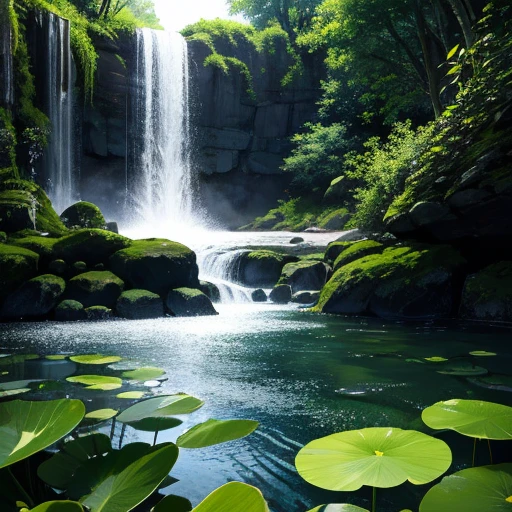 Highly detailed film water and ocean palette, a bald monk standing at the water's edge in white Hanfu, a huge green snake, a huge lotus flower in white, a very tall waterfall, exquisite facial details, spotlights, perfect composition, surreal, ultra-detailed, 8k, high quality, clear focus, intricate details, highly detailed, dynamic lighting, detailed and complex environment,