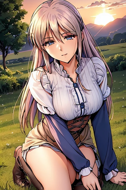 Anime style 21-year-old female character with blond, waist-length, wavy hair, V bangs, and blue eyes, squatting in a spring field at sunset, viewed frontally. She appears tired and is panting, with sweat on her forehead, dressed in a white blouse with a chocolate-colored corset over it, skinny tight blue jeans, and high boots. The background is a vibrant spring landscape with blooming flowers, green grass, and a warm sunset glow, creating a peaceful yet dynamic setting.