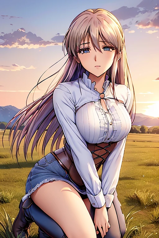 Anime style 21-year-old female character with blond, waist-length, wavy hair, V bangs, and blue eyes, squatting in a spring field at sunset, viewed frontally. She appears tired and is panting, with sweat on her forehead, dressed in a white blouse with a chocolate-colored corset over it, skinny tight blue jeans, and high boots. The background is a vibrant spring landscape with blooming flowers, green grass, and a warm sunset glow, creating a peaceful yet dynamic setting.