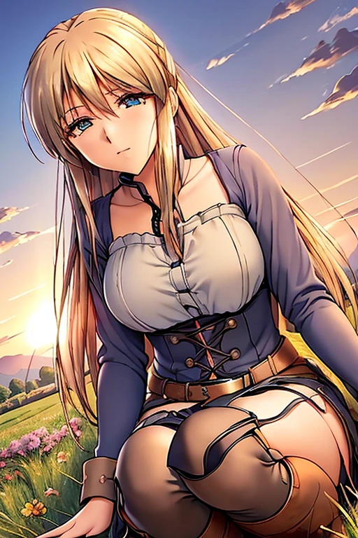 Anime style 21-year-old female character with blond, waist-length, wavy hair, V bangs, and blue eyes, squatting in a spring field at sunset, viewed frontally. She appears tired and is panting, with sweat on her forehead, dressed in a white blouse with a chocolate-colored corset over it, skinny tight blue jeans, and high boots. The background is a vibrant spring landscape with blooming flowers, green grass, and a warm sunset glow, creating a peaceful yet dynamic setting.