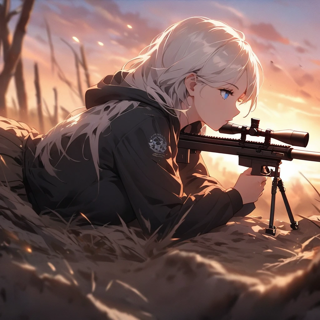 One woman,Sniper,sniper rifle,Barrett M72,Very long barrel,The woman is wearing a black hoodie.,Wear a hood,mini skirt,Lying on the ground,Blowing in the Wind ((blue eyes,White Hair)) The woman is a survival game avatar,Playing a battle royale,Whole body,Sniping,profile,Filmography,Taking aim, dust swirls.,A little blurry,sunset,sun,wilderness,It's going to be slaughtered