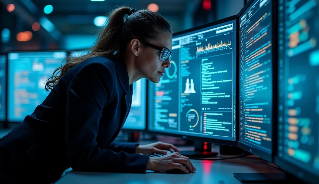 A forensic expert analyzing recovered digital data on a screen, focusing on deleted messages and files. The environment is high-tech, featuring complex graphs and charts showcasing data recovery and analysis."