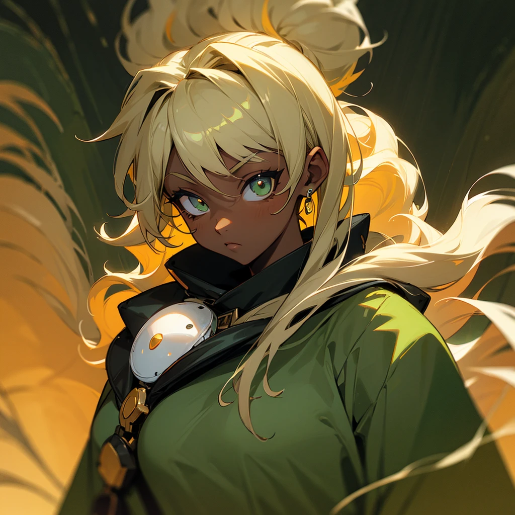 Woman ,darkskin ,アニメ ,wavyhair,indigenous blonde,artistry ,moss green clothing