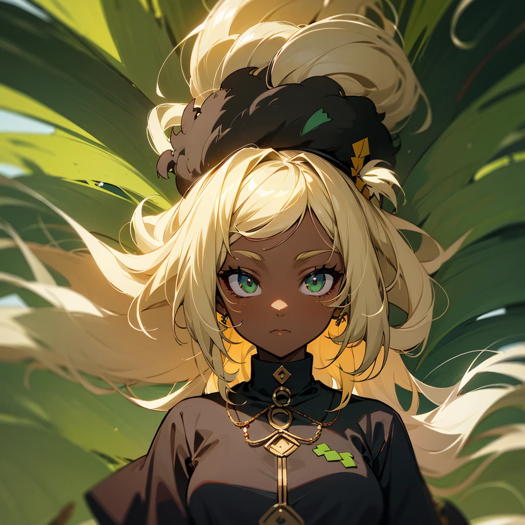 Woman ,darkskin ,アニメ ,wavyhair,indigenous blonde,artistry ,moss green clothing