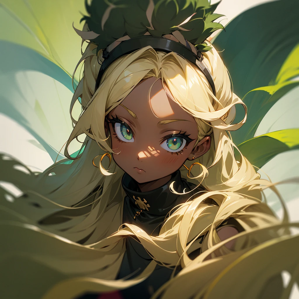 Woman ,darkskin ,アニメ ,wavyhair,indigenous blonde,artistry ,moss green clothing