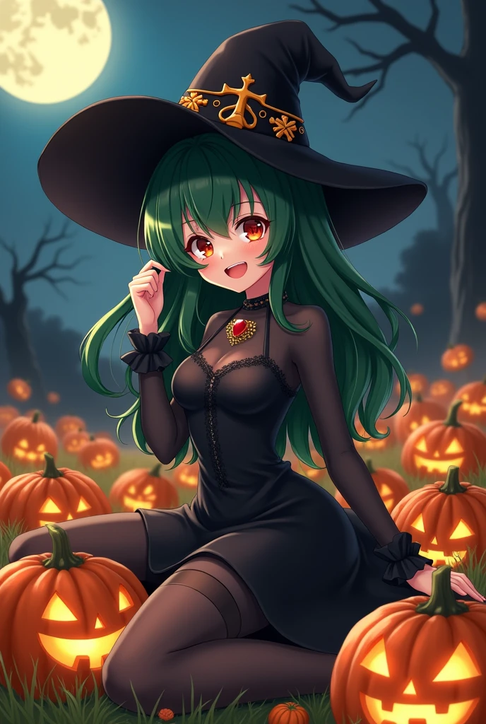 Halloween, witch, field of pumpkins, full moon, anime, black dress, dark green hair, stockings, medium boobs, sitting, adult woman, smiling, realistic, witch hat, necklace, covered shoulders