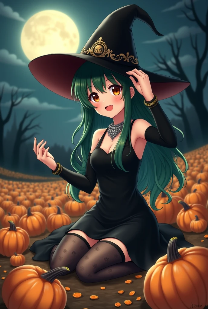 Halloween, witch, field of pumpkins, full moon, anime, black dress, dark green hair, stockings, medium boobs, sitting, adult woman, smiling, realistic, witch hat, necklace, covered shoulders