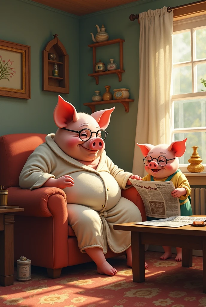 side view of a grown up fat big size old father pig wearing a house robe and glasses is sitting on a sofa and reading newspaper in a comfy pig home, and old mother pig is smiling and cleaning the house wearing apron and glasses on the other side of the room, acrylic pain style
