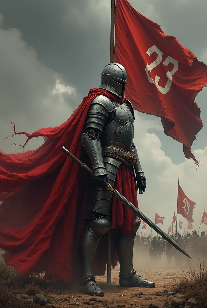 War character with armor and red clothing, archer with a flag behind, highlighting the number 23