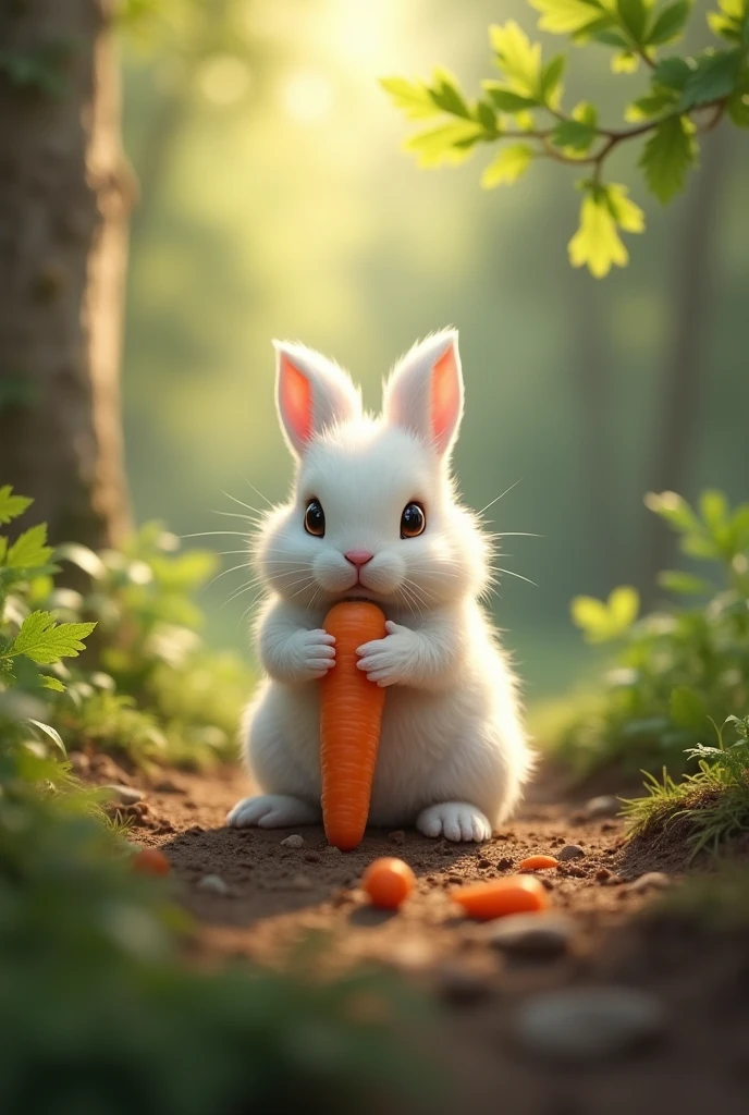 The rabbit eats the found carrot. 

He worries because it will be hard to digest the carrot.  (make him a little sad)