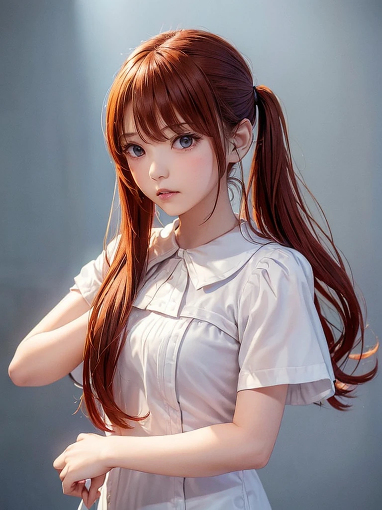 (((Cowboy Shot、Women's Solo Shot、Oil、Pure white wall background、masterpiece、Highest quality、High resolution)))、Redhead、Twin tails、Long Hair、(((She is wearing a red blouse.)))、(((Blouse with short sleeves)))、Fashionable hairstyles、Pure white wall background、Red cheeks、((No Shadow、Frame In))、((Small breasts))、((Angry face))、((Angry expression))、(((Hands behind your back)))、((((No background))))
