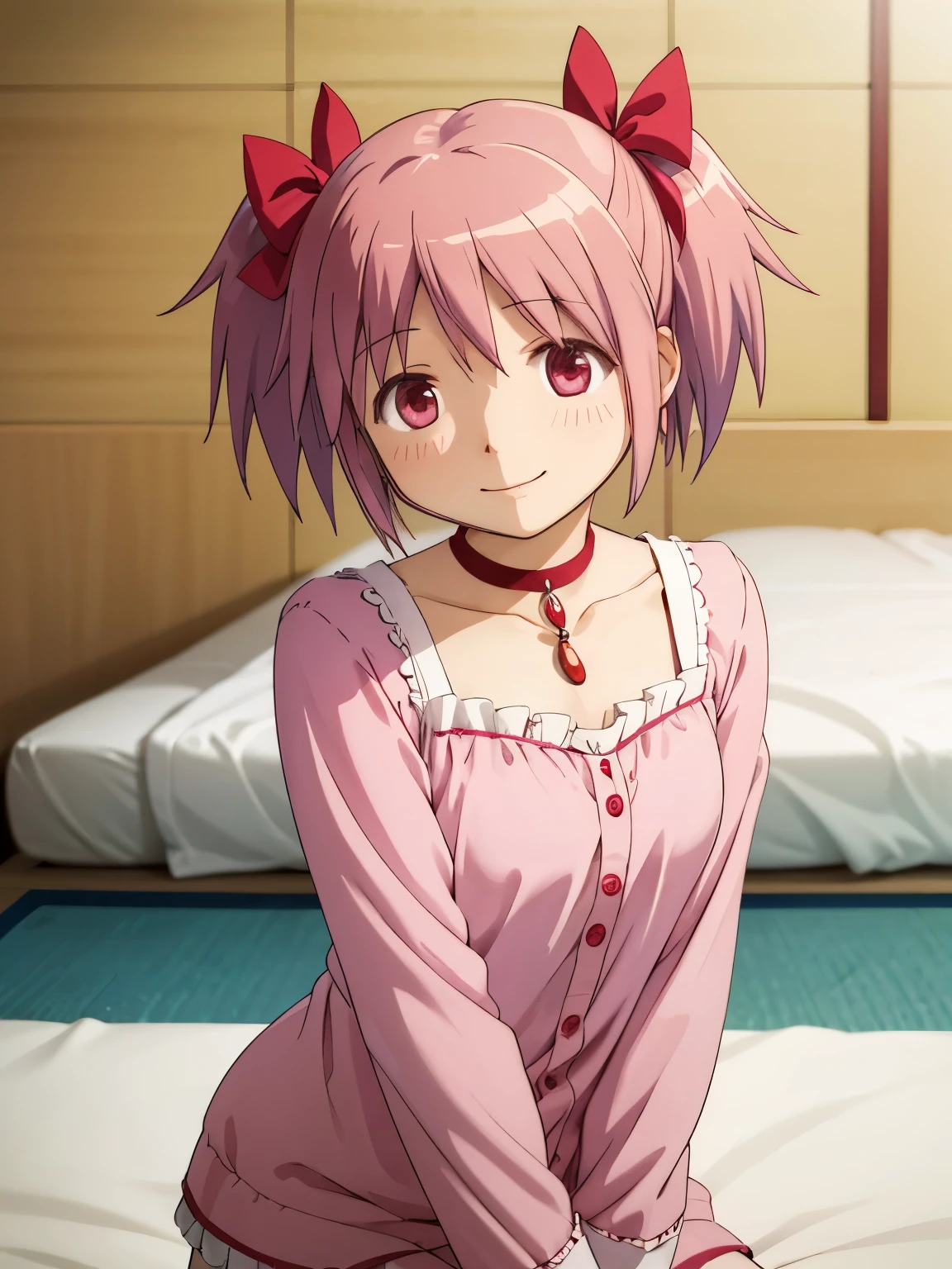 One person, alone, masterpiece, Highest quality,whole body
 mahou shoujo madoka magica, Madoka Kaname, Madoka Kaname, Pink Eyes, puppet, Pink Hair, short hair, Twin tails, short Twin tails, Hair Ribbon, Red ribbon, Magical girl, choker, whole body, Front view:0.6、Closed Mouth、smile、pajamas、可愛らしpajamas姿,(Genuine、Realistic、Realistic:1.3)、High resolution、超High resolution、Ultra-fine painting、Sharp focus、Physically Based Rendering、indoor,Cowboy Shot