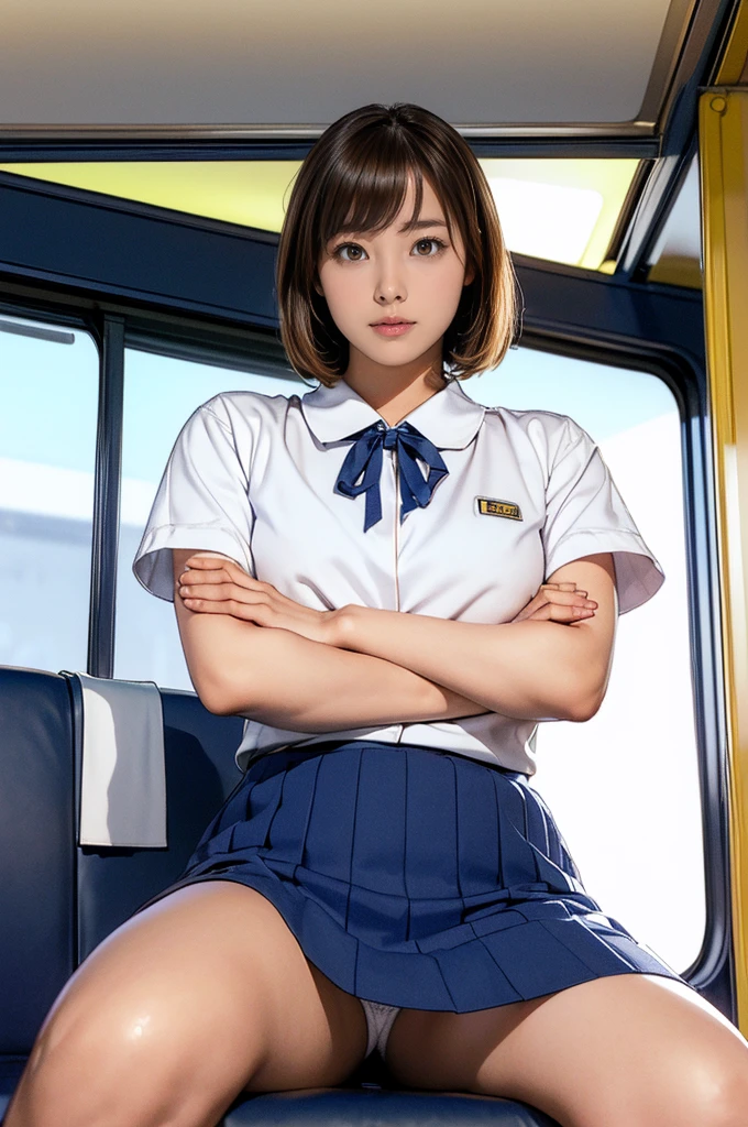 High-definition images, atmospheric perspective, 8K, Super detailed, Accurate, highest quality,
1 girl, alone, chest, looking at the viewer, (look at the audience,:1.5),
brown hair, brown eyes, parted lips, smile slightly、underwear, panties, (japanese school uniform),
(navy blue mini skirt), (sit on a train seat:1.5), (spread your legs to the side:1.4)、underwear, panties, parted lips,
lips, (navy blue skirt), full body shot, (((spread your legs, crossed arms))), showing sexy 、(whiteの panties:1.5), realistic ,
(white, collared shirt, ribbon tie),
(Do not expose your upper body:1.5),((Ceiling from below:1.2))、((from below:1.38))、
(turn your body toward the viewer:1.5) , (from below, look up:1.5), ((15 year old Japanese girl, short bob))