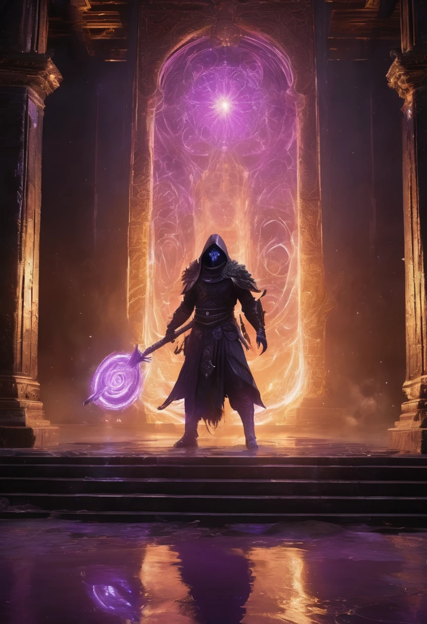 Screenshot from the Elden Ring video game. Boss fight scene with Kallaba, Soulkeeper. Kallaba towers with imposing grandeur, emanating an aura of profound divine power. Bathed in a streak of glowing dark purple light, Kallaba's form is highlighted by eyes that burn with an intense, otherworldly radiance. Clad in exquisitely adorned Albanian robes, each detail of his attire shimmers with intricate symbols of death and the afterlife, reflecting the crackling energy that pulses through every thread and jewel. In his right hand, Kallaba wields a radiant scythe, its blade aglow with raw, otherworldly energy that seems to draw upon the very essence of the underworld. In his left, he clutches an orb of pure souls, pulsating with a menacing, ethereal glow that hints at the dangerous potential within. The arena is a grand, eerie mausoleum, its vast chamber adorned with ancient Albanian motifs and shadowy pillars, creating a somber, reverent atmosphere. The floor is etched with glowing purple runes that pulse with a ghostly light, adding to the sense of foreboding. Above, spectral fog swirls in a swirling vortex, casting an eerie, ethereal glow over the entire scene. This image captures the divine and terrifying majesty of Kallaba with hyper-realistic detail, rendering a truly awe-inspiring and chilling moment in the game. Portals opening Created with the Unreal Engine 5, 8K --ar 9:16 --s 150 --c 10.
