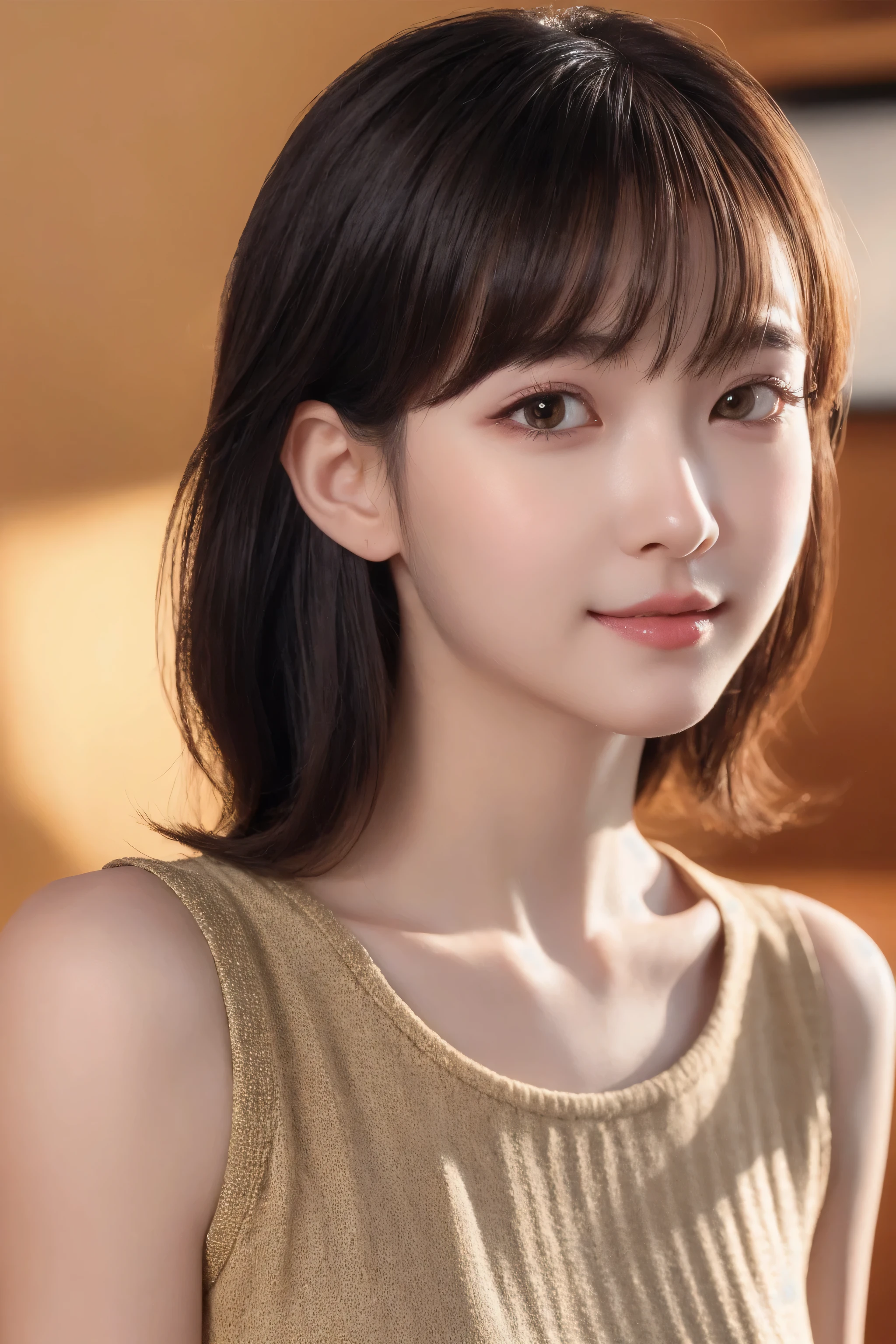 (8k, RAW Photo, Best Quality, Masterpiece:1.2), table top, Ultra Detail, Super Resolution, (Realistic, Realistic Photo:1.37), Portrait, High Detail RAW Color Photo, Professional Photo, Extremely Detailed and Beautiful, Extremely detailed, 8k wallpaper, amazing and detailed, huge file size, official art, highly detailed CG unity 8k wallpaper, highly detailed beautiful girl, highly detailed face, highly detailed eyes, highly detailed skin, highly detailed fingers, highly detailed nose, very detailed detailed mouth , perfect anatomy, highly detailed background, highly detailed clothes, 1girl, ,cute girl, realistic body, fair skin, glowing skin , slim body, handsome body, black hair , short hair, (blunt bangs:1.2), smile, cute, youthful, cute face, realistic face, delicate eyes, drooping eyes, looking at viewer, facing front, standing posture, Contraposto, dynamic lighting, ((face closeup)), (medium chest), (Perfect Body Proportions), (slender Body Proportions), (bedroom), super sexy pose, ((neat dress)),