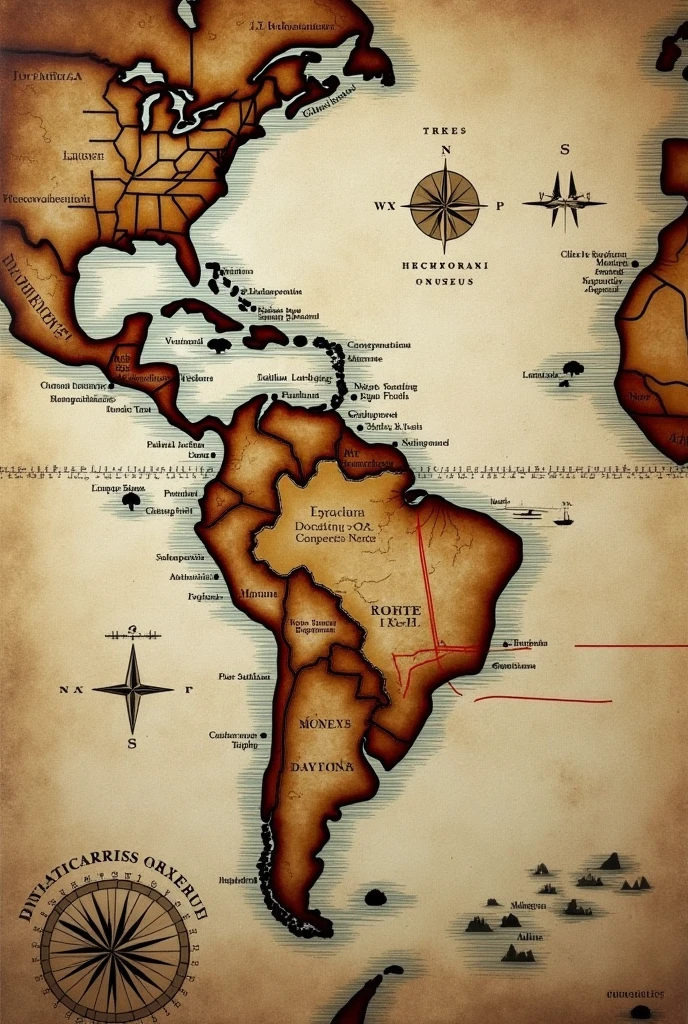 Create a detailed and realistic image, without the appearance of a stylized drawing of an old map that depicts the path taken by Africans when they were taken to America during the period of slavery. The image should have characteristics of historical maps, with aged tones, traços finos e routes bem marcadas. Include: African Continent: Show the west coast of Africa, with details of important cities and regions of the time. Atlantic Ocean: Represent it with stylized waves, with old ships sailing towards the Americas, symbolizing the route of the slave trade. United States of America : Mainly show the British and Spanish colonies, with landing sites highlighted. Route Traced: Utilize linhas vermelhas ou pretas para marcar as routes marítimas que foram usadas pelos navios negreiros. decorative elements: Add compasses, compass roses, and other elements that refer to ancient cartography. landscapes: Include representações estilizadas de montanhas, forests and seas, in a similar way to the reference image. testi: Include names of regions, routes, and important points in ancient calligraphy.